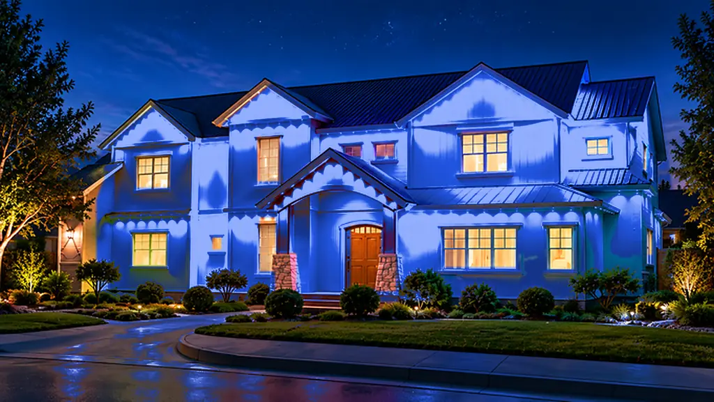Home with permanent lighting in blue — cool evening scene