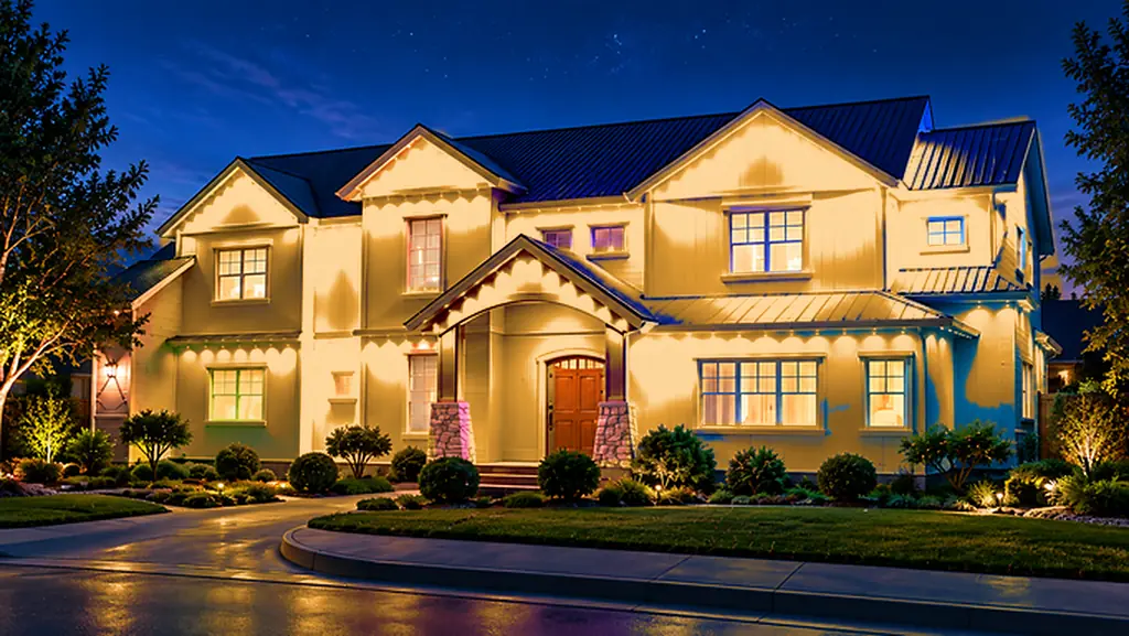 Home with permanent gold lighting along its rooflines at night