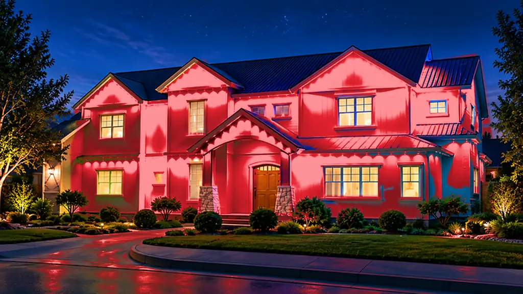 Home with permanent lighting in red — holiday and game-day scene