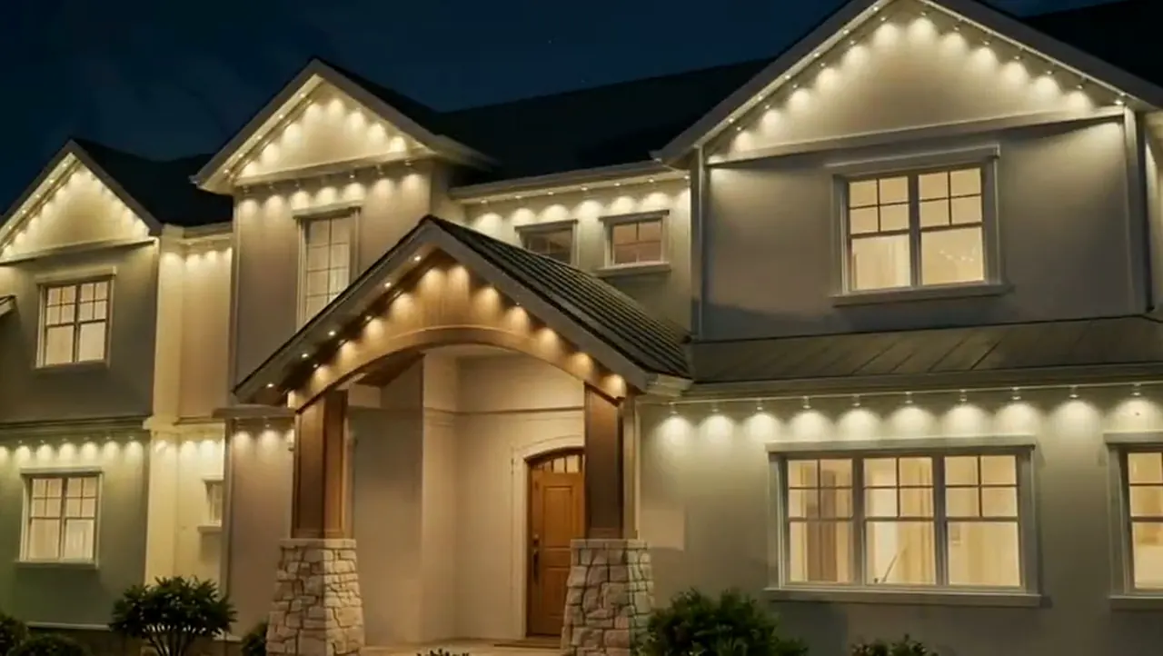 A two-story home with warm white permanent lighting along every gable and eave